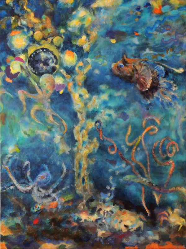 painting deep sea mathane source diving boat corals crabs octopus fish